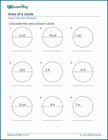 Grade 5 Geometry Worksheet area of circles