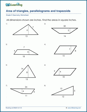 Grade 5 Geometry Worksheet area of triangles, parallelograms, trapezoids