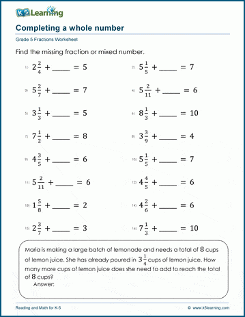 Grade 5 Fractions Worksheet completing whole numbers