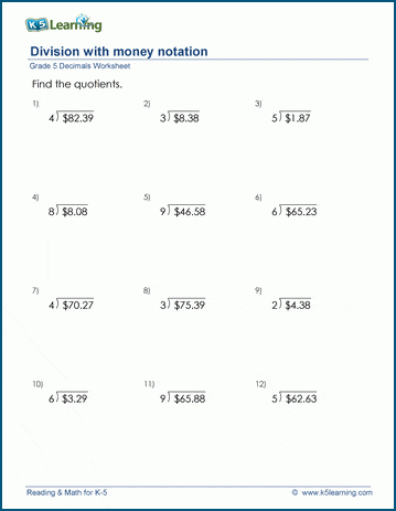 Divide  decimals with money notation worksheets 