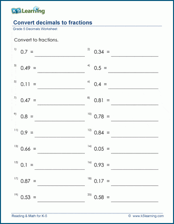 Grade 5 Fractions Worksheet convert decimals to fractions