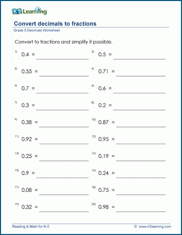 Grade 5 Fractions Worksheet convert and simplify decimals to fractions