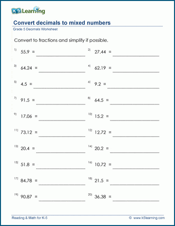 Grade 5 Fractions Worksheet convert decimals to mixed numbers