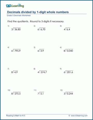 Divide decimals by whole numbers (<10) worksheet