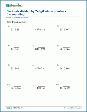 Grade 5 Decimals Worksheet dividing decimals by whole numbers (1-99) with no rounding