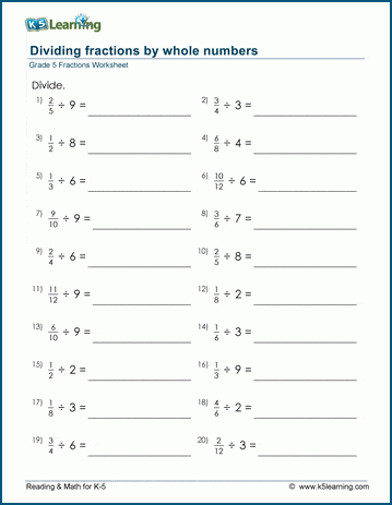 Grade 5 Fractions Worksheet divide fractions by whole numbers
