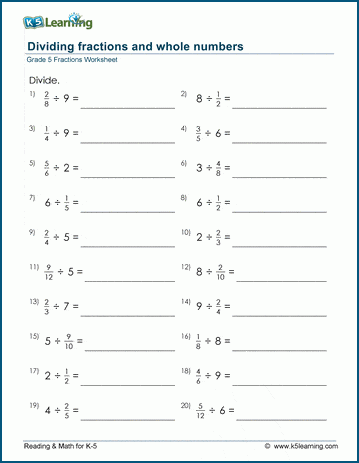 Grade 5 Fractions Worksheet divide fractions and whole numbers