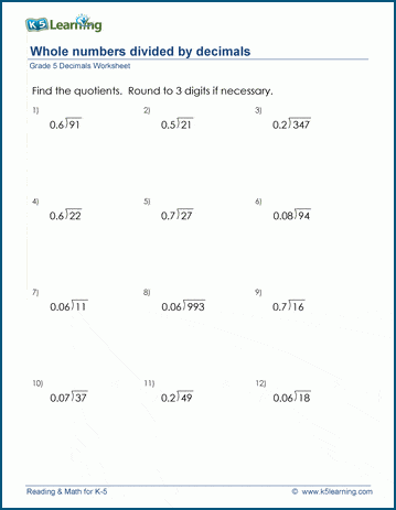 Grade 5 Decimals Worksheet dividing whole numbers by decimals