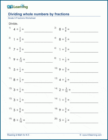 Grade 5 Fractions Worksheet divide whole numbers by fractions