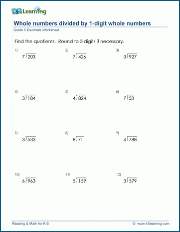 Grade 5 Decimals Worksheet dividing whole numbers by whole numbers (1-9) with rounding