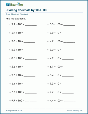 Grade 5 Decimals Worksheet dividing 1-digit decimals by 10 or 100