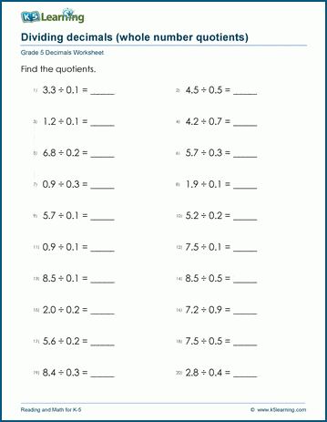 Grade 5 Decimals Worksheet dividing decimals (whole number quotient)