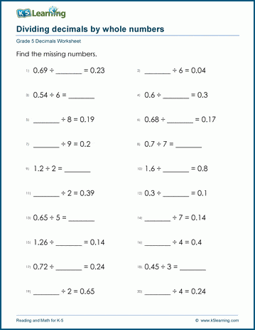 Grade 5 Decimals Worksheet dividing 2-digit decimals by whole numbers
