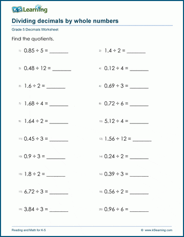 Grade 5 Decimals Worksheet dividing 2-digit decimals by whole numbers