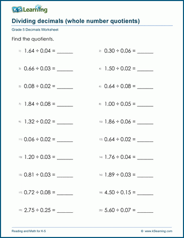 Grade 5 Decimals Worksheet dividing 2-digit decimals (whole number quotient)