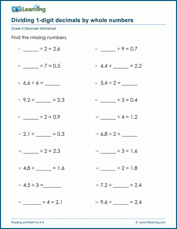 Grade 5 Decimals Worksheet dividing decimals by whole numbers with missing number