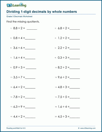 Grade 5 Decimals Worksheet dividing decimals by whole numbers