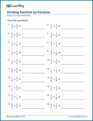 Grade 5 fractions worksheet divide fractions by fractions