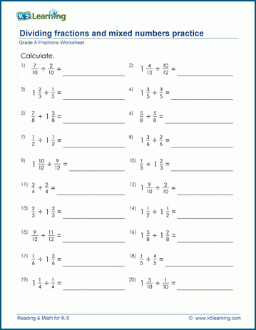 Grade 5 Fractions Worksheet divide fractions and mixed numbers practice