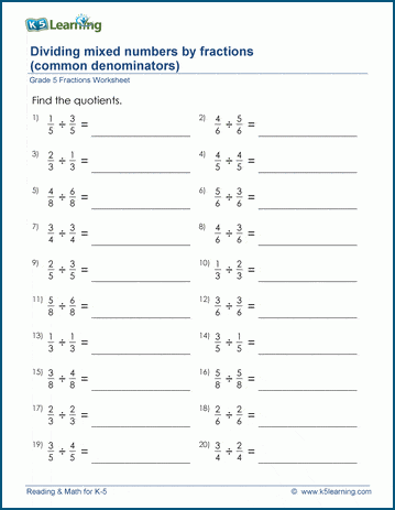Grade 5 Fractions Worksheet divide mixed numbers by fractions