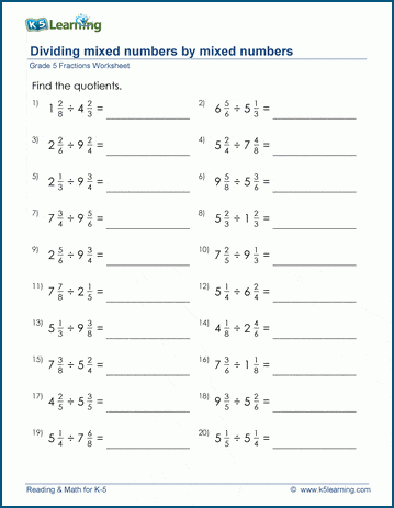 Grade 5 Fractions Worksheet divide mixed numbers by mixed numbers