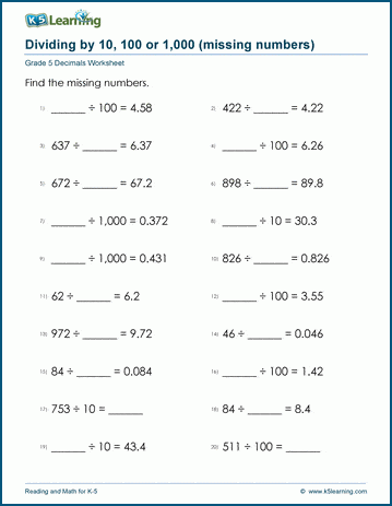 Grade 5 Decimals Worksheet dividing whole numbers by 10, 100 or 1,000 with missing number