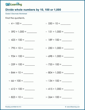 Grade 5 Decimals Worksheet dividing whole numbers by 10, 100 or 1,000