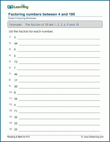 Grade 5 Factoring Worksheet factoring numbers between 4 and 100