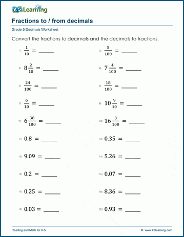 Grade 5 worksheet: fractions to/from decimals