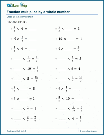Grade 5 Fractions Worksheet multiply fractions by whole numbers with missing factors