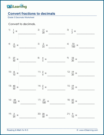 Grade 5 Fractions Worksheet convert fractions to decimals