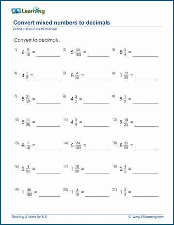 Grade 5 Fractions Worksheet convert mixed numbers to decimals