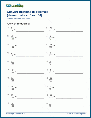 Grade 5 Fractions Worksheet convert fractions to decimals