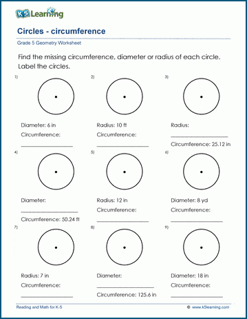 Grade 5 Geometry Worksheet circumference of circles