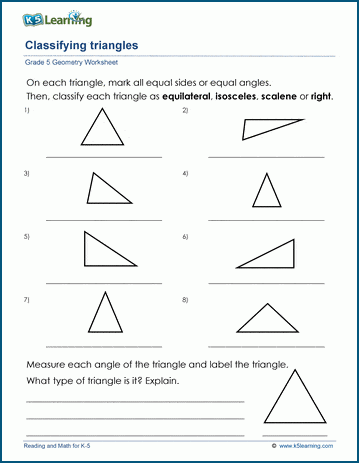 Grade 5 Geometry Worksheet classifying triangles