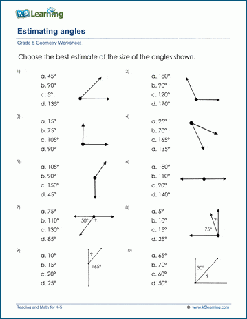 Grade 5 Geometry Worksheet - Estimating angles