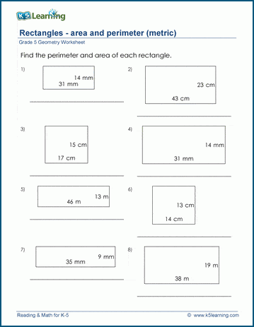 Grade 5 Geometry Worksheet area/perimeter problems for rectangles