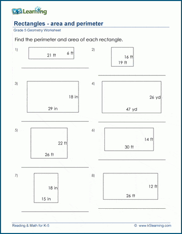 Grade 5 Geometry Worksheet area/perimeter problems for rectangles