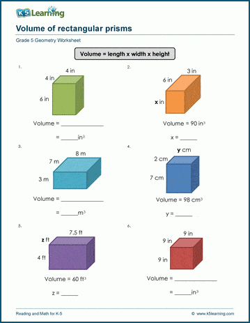 Grade 5 Geometry Worksheet - Volume of rectangular prisms