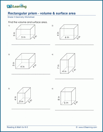 Grade 5 Geometry Worksheet volume & surface area of rectangular prisms