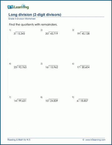 Grade 5 Division Worksheet divide 5-digit by 2-digit numbers