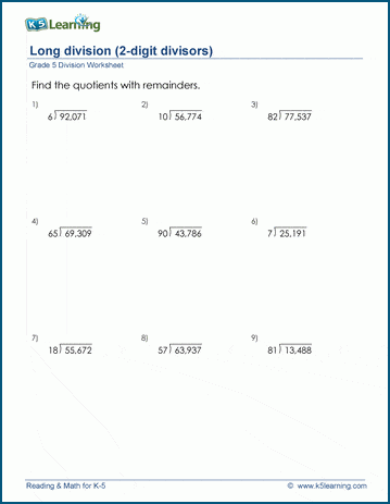 Grade 5 Division Worksheet divide 5-digit by 2-digit numbers