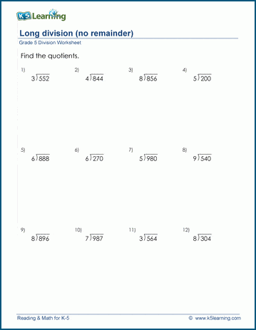 Grade 5 Division Worksheet divide 4-digit by 1-digit numbers