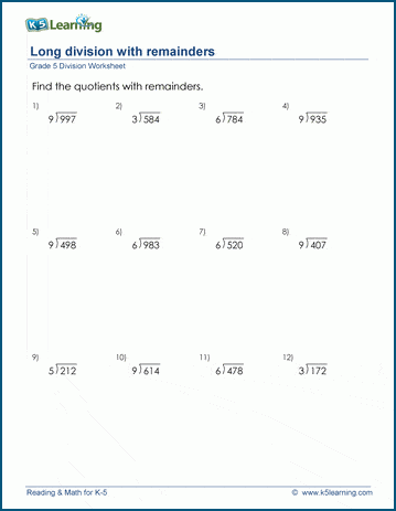 Grade 5 Long Division with Remainders Worksheet