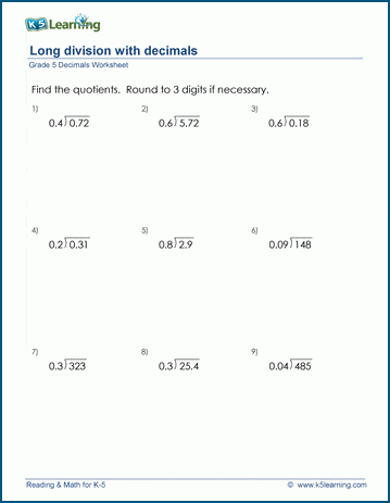 Grade 5 Decimals Worksheet long division with decimals