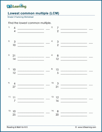 Grade 5 Factoring Worksheet lowest common multiple