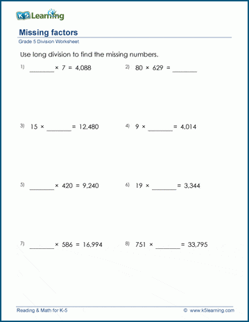 Grade 5 Division Worksheet missing factor solve by long division