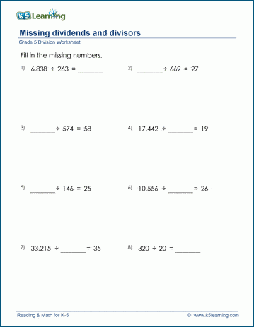 Grade 5 Division Worksheet missing dividend or divisor problems