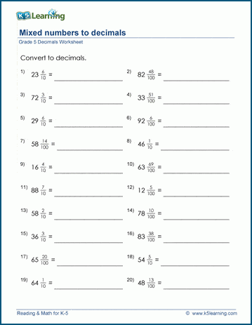 Grade 5 Fractions Worksheet convert mixed numbers to decimals