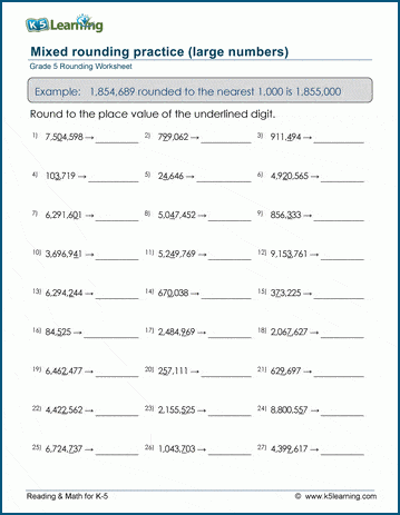 Grade 5 Place value Worksheet round to the underlined digit